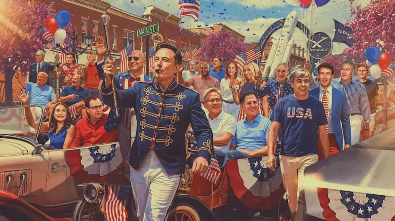 Ilustración de un desfile con figuras empresariales, banderas de EE. UU., globos y un cohete SPACEX en Main St.