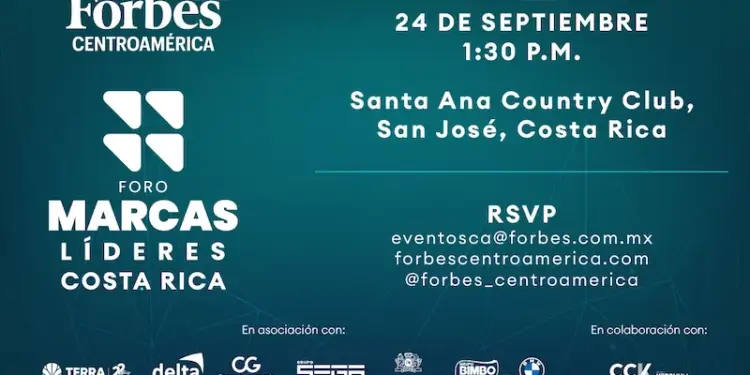 Invitación a Foro Marcas Líderes Costa Rica de Forbes Centroamérica. Incluye fecha, hora, lugar y logos de patrocinadores.