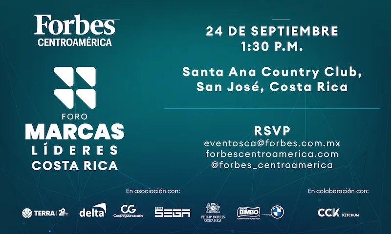 Invitación a Foro Marcas Líderes Costa Rica de Forbes Centroamérica. Incluye fecha, hora, lugar y logos de patrocinadores.