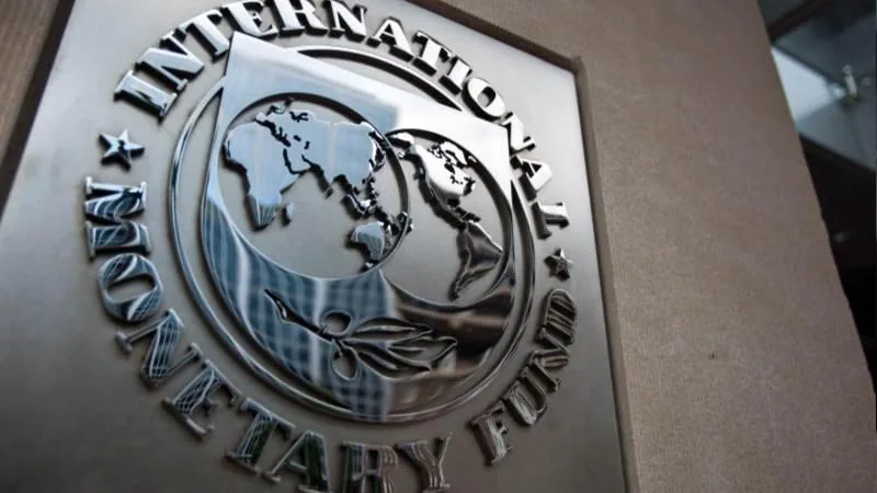 Primer plano del emblema metálico del Fondo Monetario Internacional (FMI), que muestra un mapa del mundo estilizado y el texto 'International Monetary Fund'.