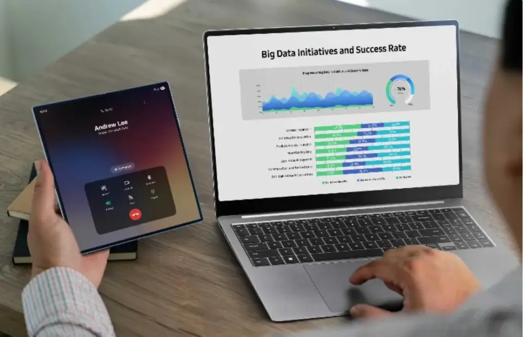 Una persona revisa gráficos de Big Data en una laptop mientras sostiene un teléfono plegable con una llamada en curso.