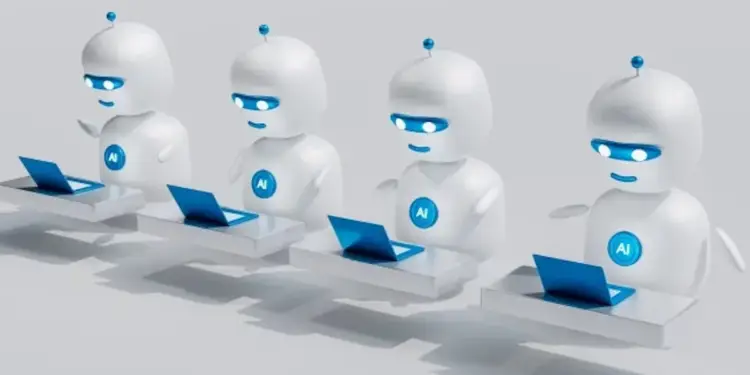 Cuatro robots blancos con luces azules trabajando en escritorios con computadoras portátiles azules.