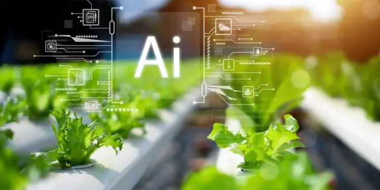 Plantas verdes en sistema hidropónico con superposición digital 'Ai' e iconos de sensores agrícolas (pH, clima, riego, plagas, energía eólica). Representa la agricultura inteligente y tecnológica.