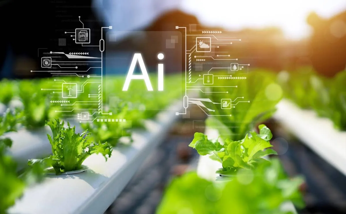Plantas verdes en sistema hidropónico con superposición digital 'Ai' e iconos de sensores agrícolas (pH, clima, riego, plagas, energía eólica). Representa la agricultura inteligente y tecnológica.