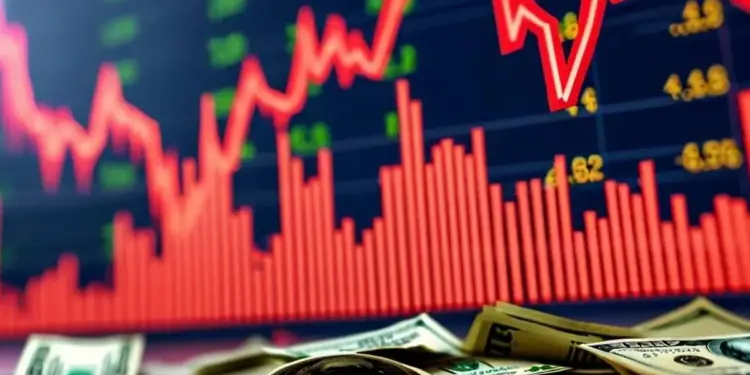 Billetes de dólar dispersos en primer plano con una pantalla digital de fondo mostrando gráficos financieros en rojo, indicando una caída del mercado.