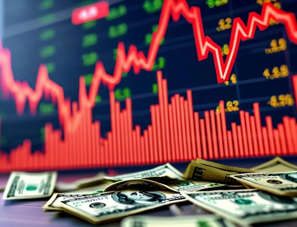 Billetes de dólar dispersos en primer plano con una pantalla digital de fondo mostrando gráficos financieros en rojo, indicando una caída del mercado.