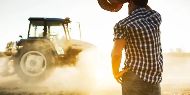 Agricultor de espaldas observando un tractor en funcionamiento levantando polvo en un campo agrícola durante el atardecer.