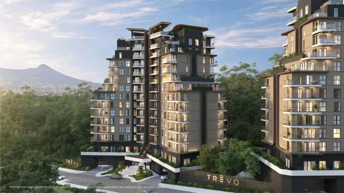 Render arquitectónico de complejos de edificios modernos con diseño vanguardista rodeados de vegetación y montañas al fondo.
