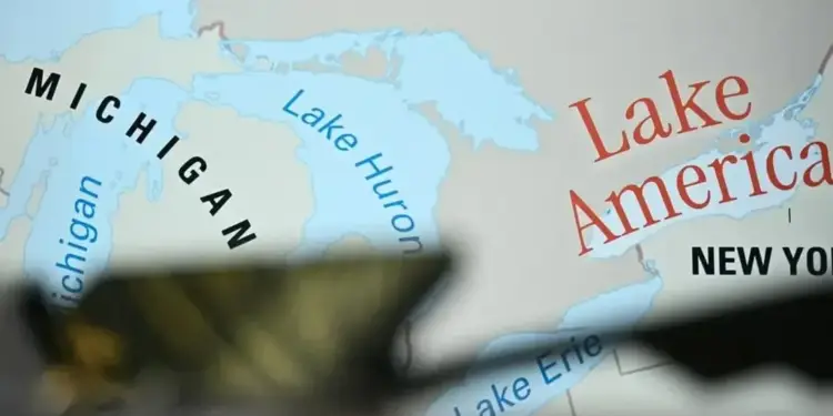 Primer plano de un mapa geográfico que muestra los Grandes Lagos, incluyendo Michigan, Huron, Erie y etiquetas de texto en inglés.