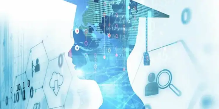 Silueta humana con birrete superpuesta a gráficos digitales, mapas mundiales y símbolos de tecnología en tonos azules.
