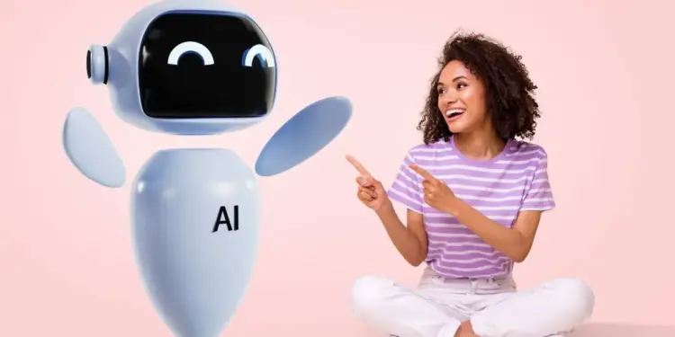 Mujer con camisa a rayas sentada señalando a un robot con las letras AI sobre un fondo rosa