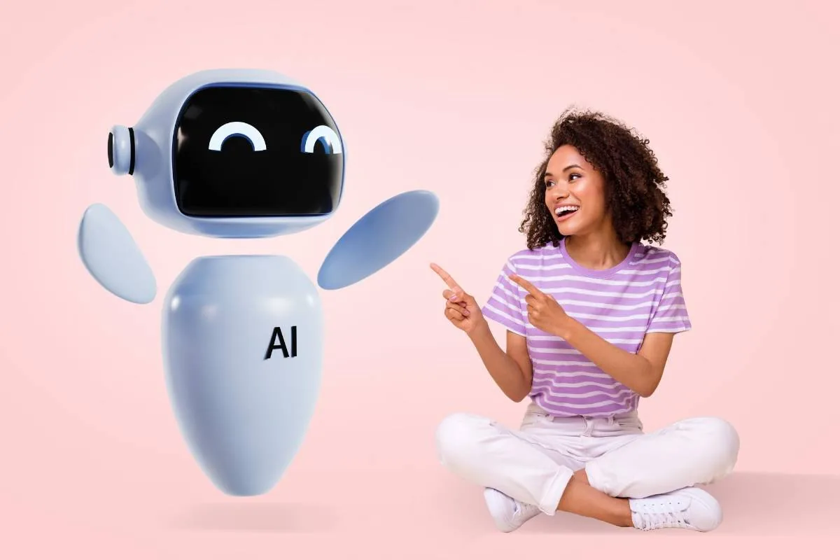 Mujer con camisa a rayas sentada señalando a un robot con las letras AI sobre un fondo rosa
