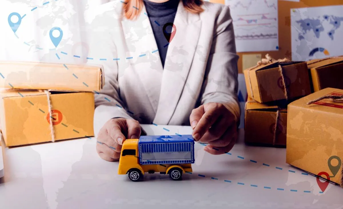 Persona de negocios junto a cajas de cartón y un camión de juguete con gráficos de logística superpuestos.