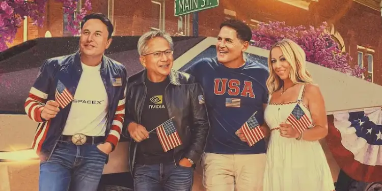 Cuatro figuras empresariales, incluyendo dos con logos de SpaceX y Nvidia, sostienen banderas de EE. UU. en una calle principal.