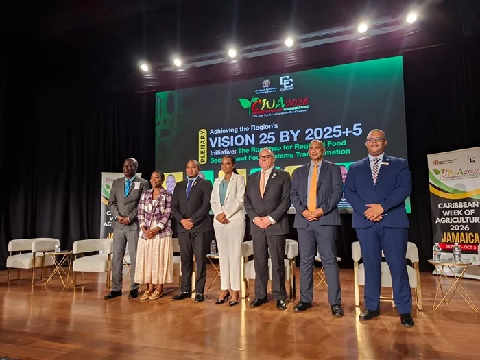 Grupo de profesionales en un escenario durante una conferencia empresarial con una pantalla verde de fondo.