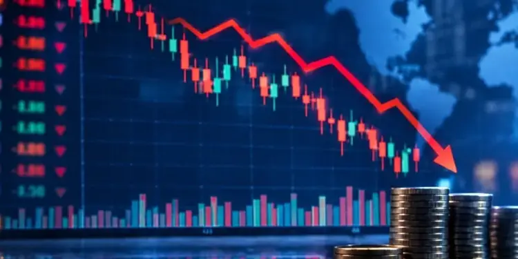 Gráfico de velas financieras en descenso con una línea roja bajista y pilas de monedas metálicas sobre superficie reflectante.