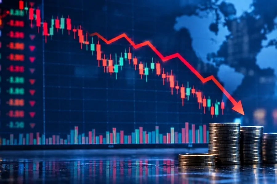 Gráfico de velas financieras en descenso con una línea roja bajista y pilas de monedas metálicas sobre superficie reflectante.