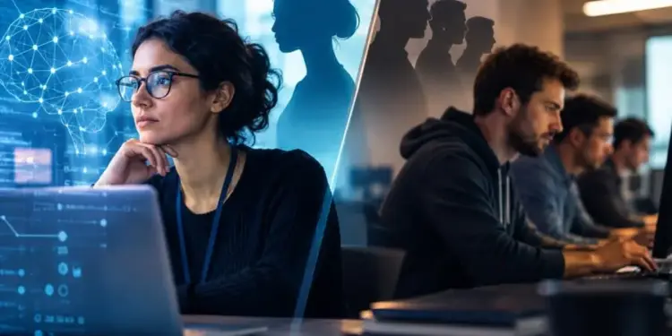 Profesional femenina con gafas frente a laptop con gráficos de IA, y hombres concentrados en computadoras en un entorno de oficina.