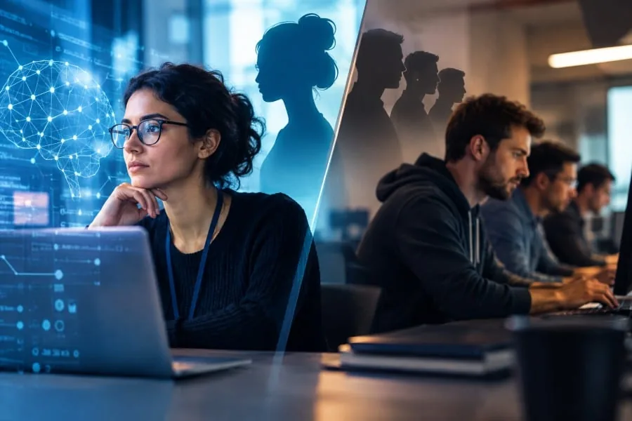 Profesional femenina con gafas frente a laptop con gráficos de IA, y hombres concentrados en computadoras en un entorno de oficina.