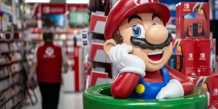 Figura grande del personaje Mario, con su icónico gorro rojo y overol azul, en primer plano dentro de una tienda de electrónica. Al fondo, estanterías con cajas de videojuegos y consolas, y un empleado con chaleco rojo.
