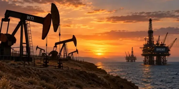 Balancines de extracción de petróleo WTI en tierra y plataformas petrolíferas Brent en el mar al atardecer, simbolizando la industria energética global.