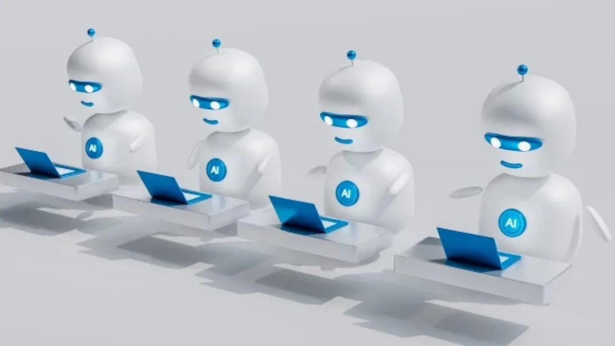 Cuatro robots blancos con luces azules trabajando frente a ordenadores portátiles en una oficina virtual.
