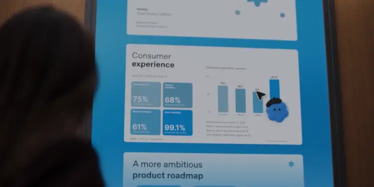 Persona observando una pantalla digital con gráficos de barras y métricas sobre la experiencia del consumidor y datos financieros.