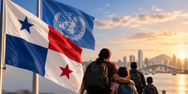 Familia de espaldas observando la bandera de Panamá y la de la ONU con la silueta de una ciudad al atardecer.