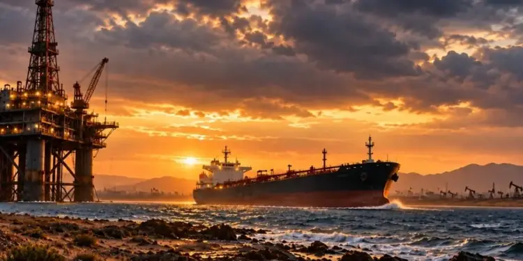 Plataforma de extracción petrolera y gran buque carguero navegando cerca de la costa durante un atardecer nublado.