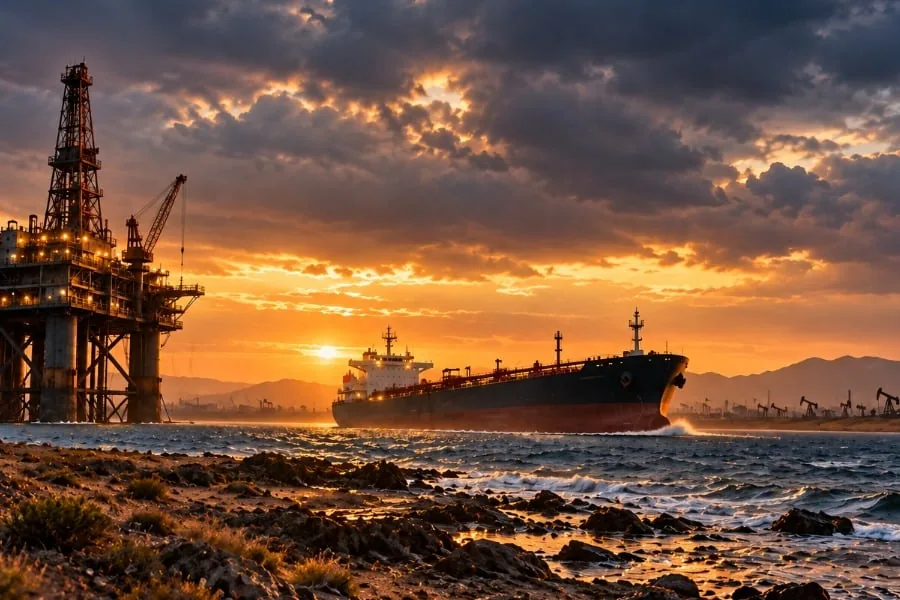 Plataforma de extracción petrolera y gran buque carguero navegando cerca de la costa durante un atardecer nublado.