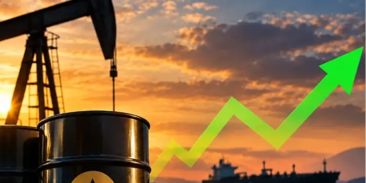 Bomba extractora de petróleo en primer plano, barriles de crudo y un gráfico de flecha verde ascendente sobre un fondo de atardecer con un buque cisterna en el mar.