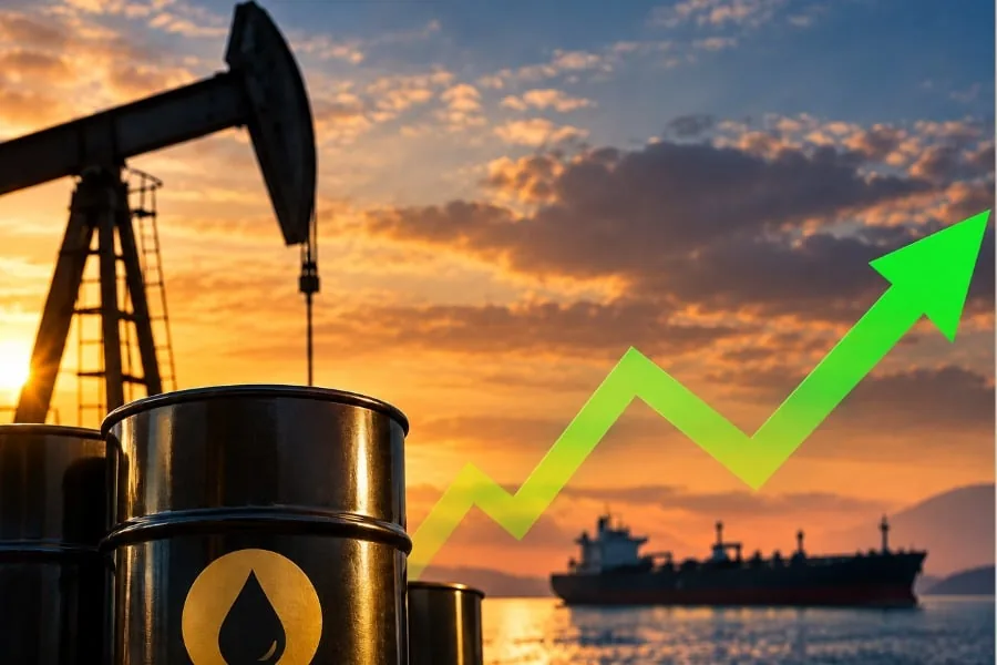 Bomba extractora de petróleo en primer plano, barriles de crudo y un gráfico de flecha verde ascendente sobre un fondo de atardecer con un buque cisterna en el mar.