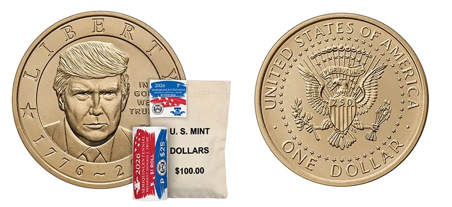 Dos monedas de dólar doradas, una con el busto de Donald J. Trump y la otra con un águila, junto a un rollo de monedas y una bolsa de la U.S. Mint.