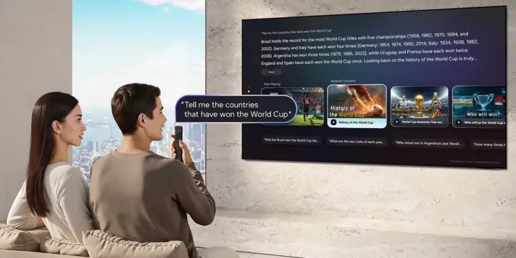 Pareja viendo una pantalla de televisión grande con opciones de contenido interactivo y texto de asistente de voz.