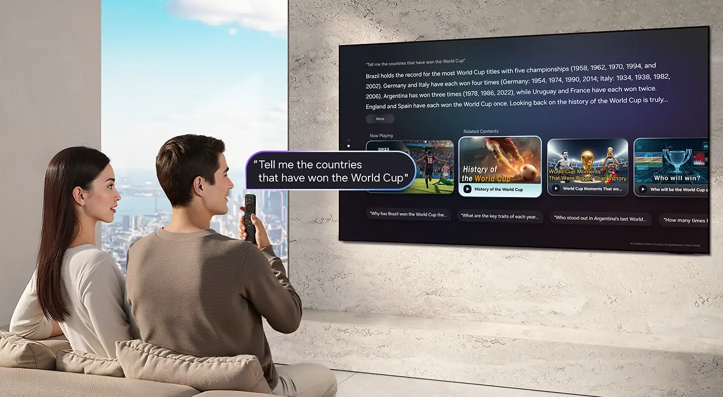 Pareja viendo una pantalla de televisión grande con opciones de contenido interactivo y texto de asistente de voz.