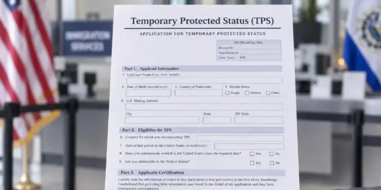 Primer plano de un documento oficial de Solicitud de Estatus de Protección Temporal (TPS) sobre una mesa con banderas.