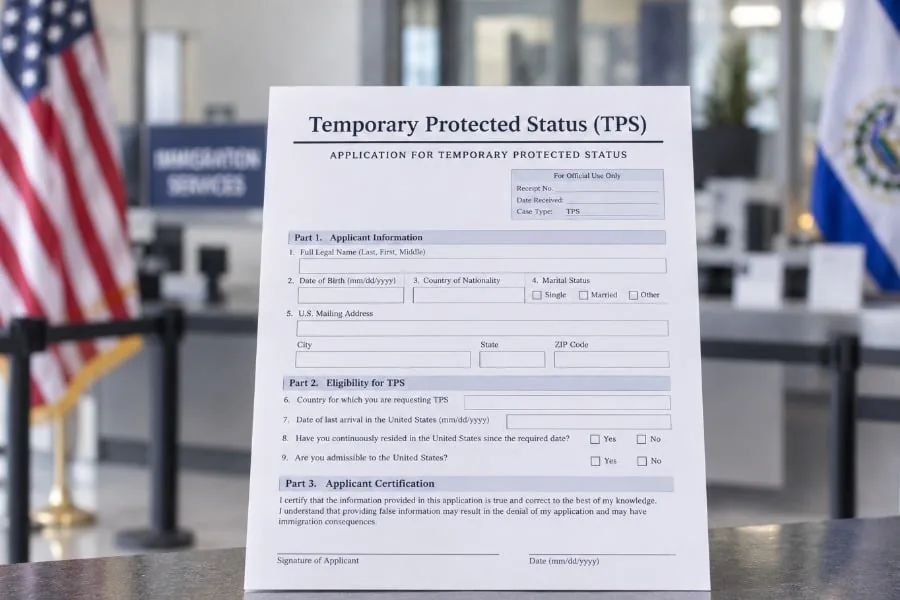 Primer plano de un documento oficial de Solicitud de Estatus de Protección Temporal (TPS) sobre una mesa con banderas.