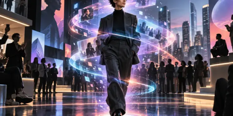 Profesional en traje caminando en un evento de negocios futurista, rodeado de pantallas digitales flotantes y una audiencia. Refleja innovación y liderazgo.
