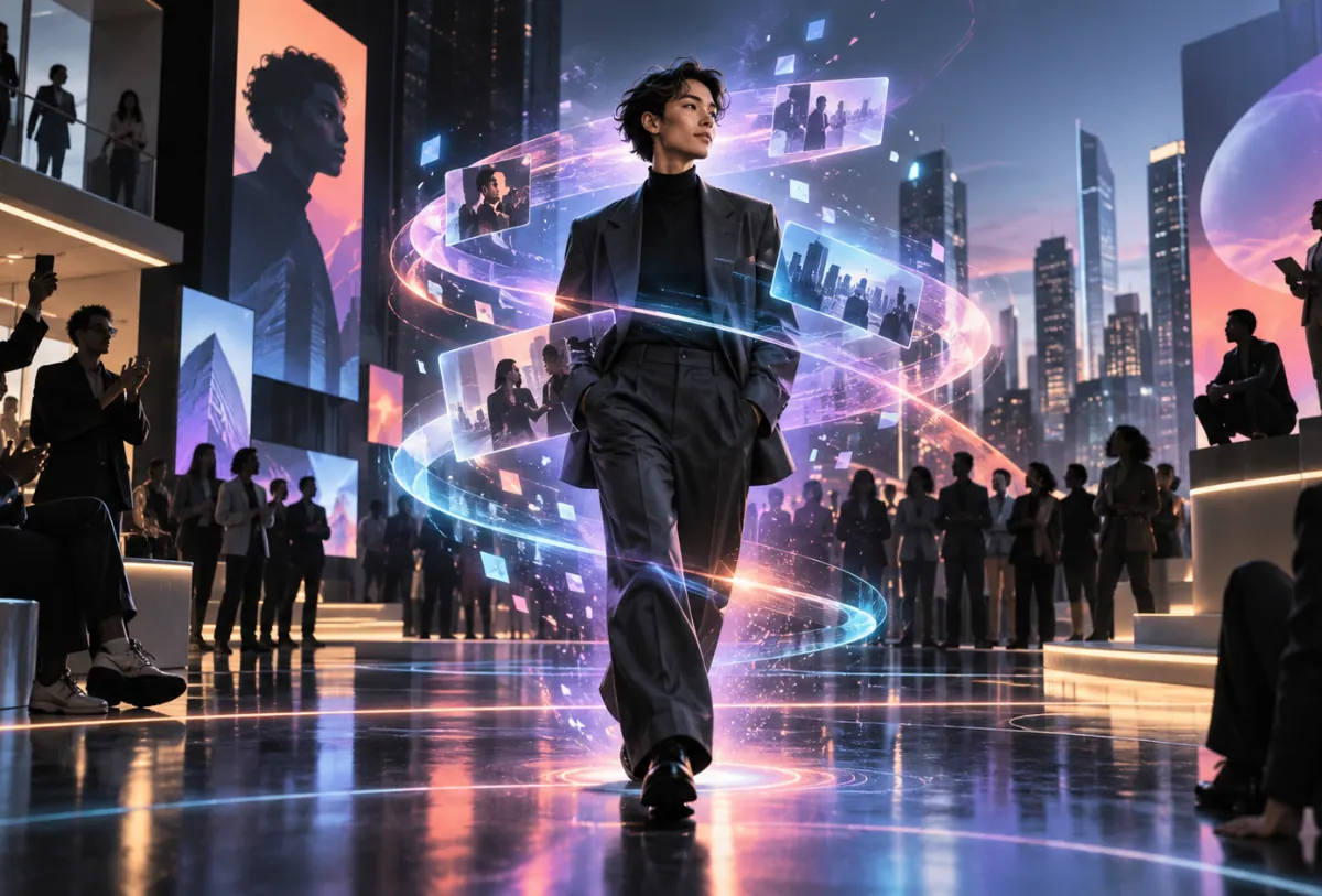 Profesional en traje caminando en un evento de negocios futurista, rodeado de pantallas digitales flotantes y una audiencia. Refleja innovación y liderazgo.