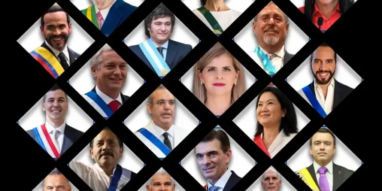 Collage de retratos en rombo de diversos líderes políticos y presidenciales con bandas oficiales sobre fondo negro.