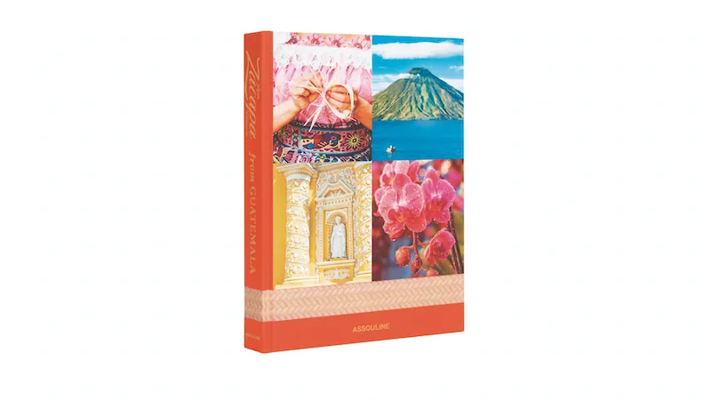 Libro naranja 'Zacapa from GUATEMALA' con collage: manos artesanales, volcán, arquitectura colonial, orquídeas.