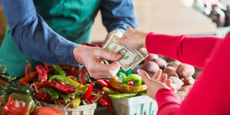 Cliente entregando billetes de dólares a un vendedor en un mercado de verduras