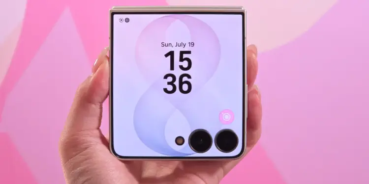 Mano sosteniendo un teléfono inteligente plegable compacto con pantalla exterior que muestra la hora sobre fondo rosa abstracto