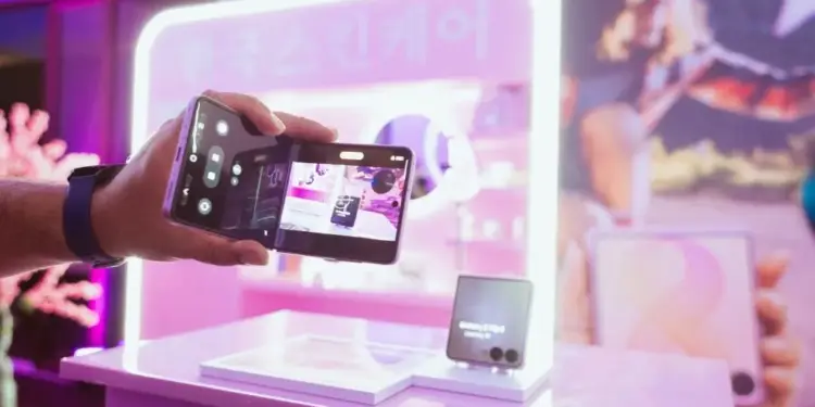 Mano de una persona sosteniendo un teléfono inteligente plegable en posición horizontal frente a un mostrador rosa iluminado.