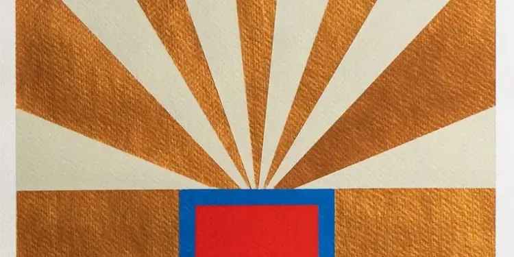 Composición abstracta con rayos dorados emergiendo desde una base rectangular roja y azul.