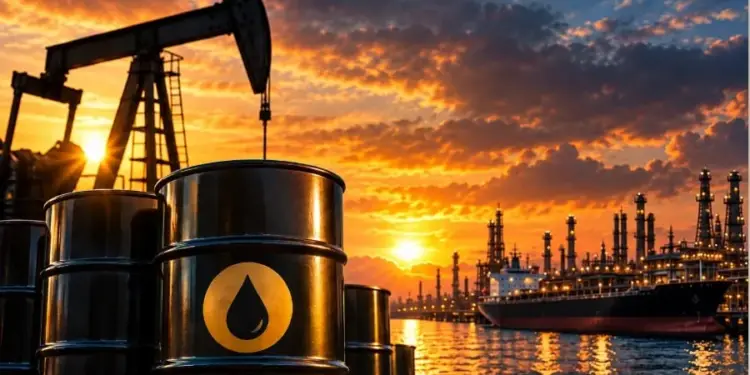 Barriles de petróleo en primer plano con una torre de extracción y una refinería al atardecer.