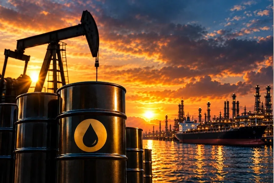 Barriles de petróleo en primer plano con una torre de extracción y una refinería al atardecer.