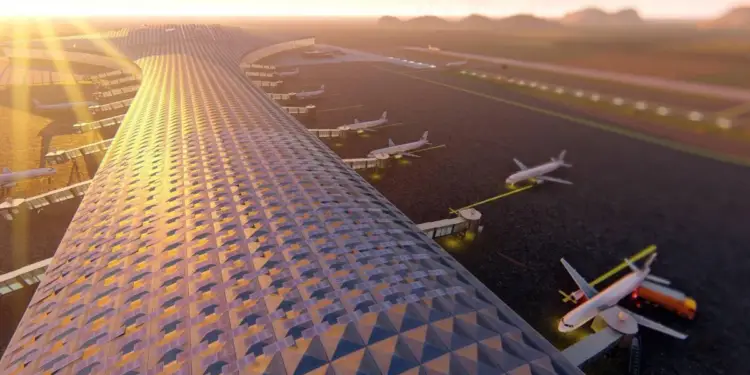 Vista aérea de un aeropuerto moderno con arquitectura futurista, aviones en las pistas y pasarelas de acceso, al amanecer.
