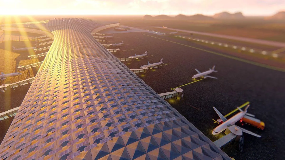Vista aérea de un aeropuerto moderno con arquitectura futurista, aviones en las pistas y pasarelas de acceso, al amanecer.