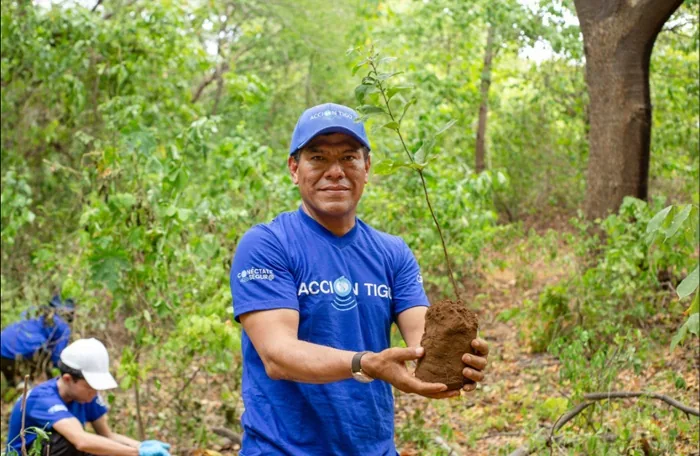 Hombre sosteniendo un árbol pequeño con tierra en sus manos durante una actividad de reforestación al aire libre